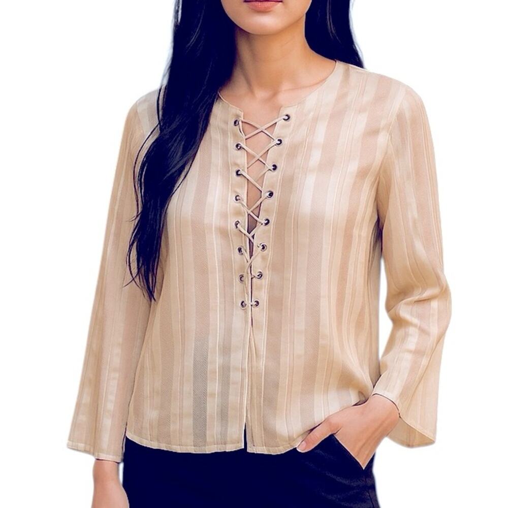 J.O.A. Cream Metallic Shimmer Corset Blouse NWT Large Sheer Sleeve Top